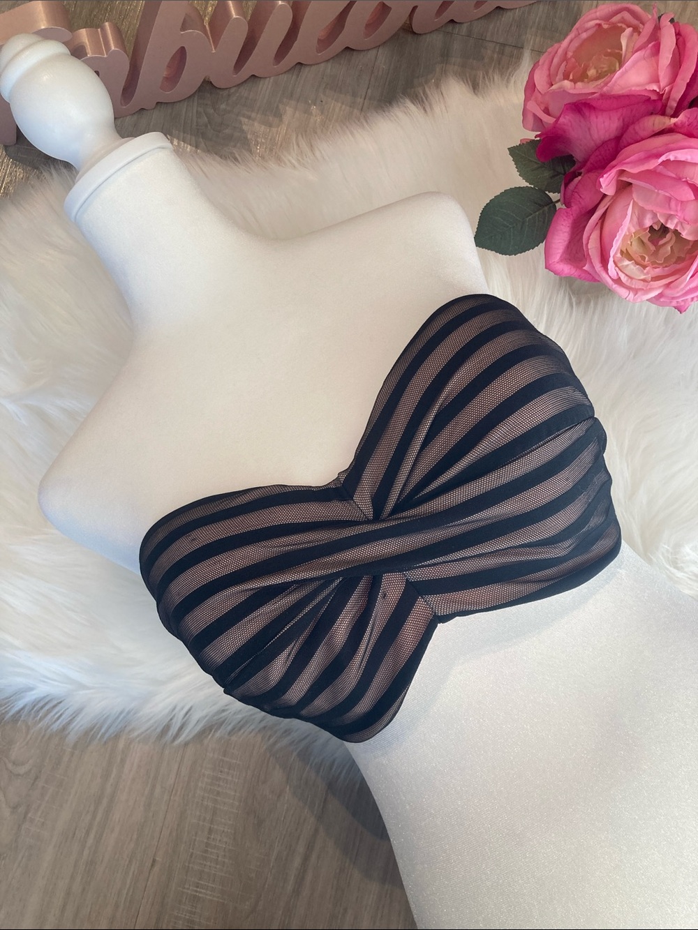 NWT!! Victoria's Secret Black/Light pink Sheer Striped Bandeau Swim Top 34DD